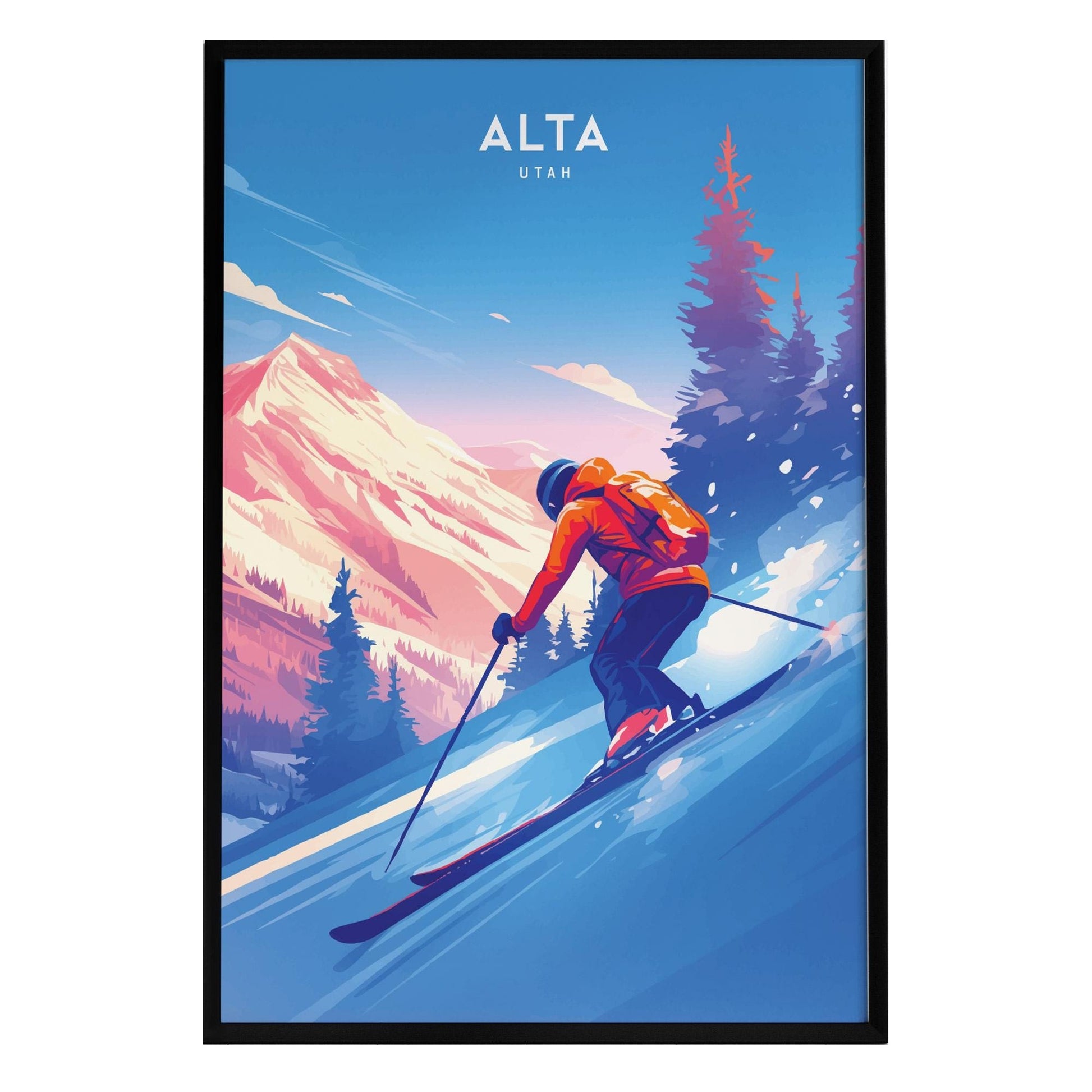 A vibrant ski poster featuring a skier in a bright orange jacket descending a snowy slope, surrounded by majestic mountains and evergreen trees. The background showcases a blue sky with soft pink hues, capturing the essence of Alta, Utah.