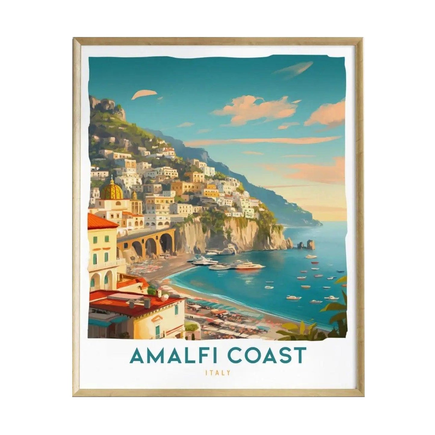 A vibrant travel print depicting the Amalfi Coast in Italy, featuring colorful pastel buildings perched on steep cliffs overlooking a clear turquoise sea.