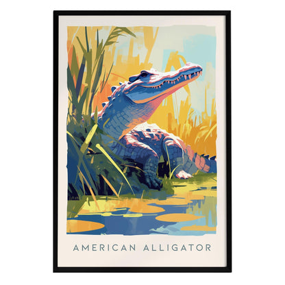 A vibrant illustration of an American alligator lounging near a serene marsh, surrounded by lush green grass and water. The artwork features bold colors with shades of blue, orange, and yellow, highlighting the alligators textured scales.