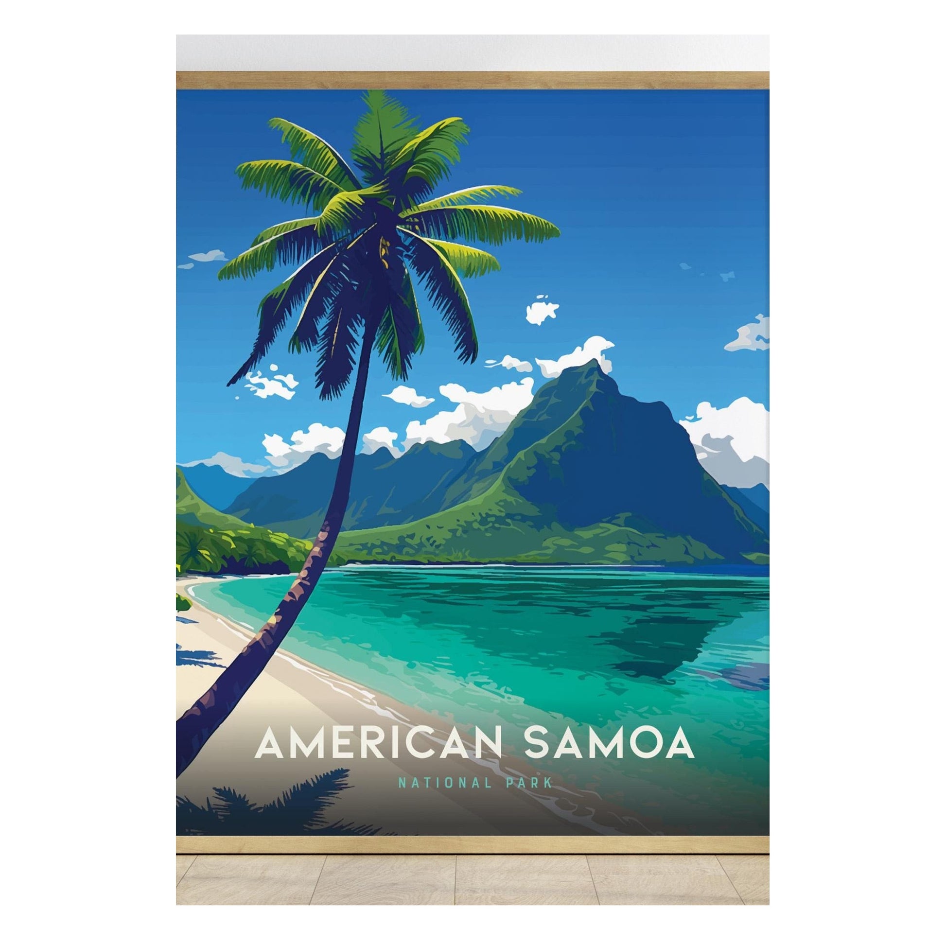 A vibrant illustration of American Samoa, featuring a tall palm tree alongside a serene beach with soft white sand and clear turquoise waters.