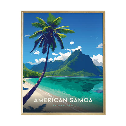 A vibrant art print showcasing a tropical scene in American Samoa, featuring a tall palm tree on a sandy beach, turquoise waters, and lush green mountains under a bright blue sky.