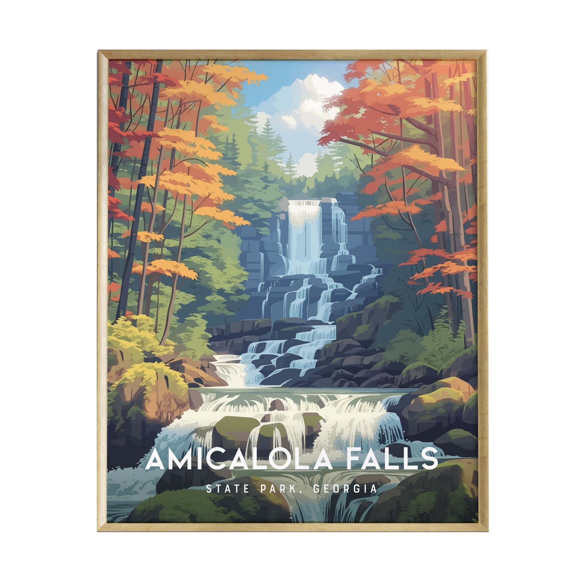 A vibrant poster of Amicalola Falls showcases a stunning cascading waterfall surrounded by lush greenery and colorful autumn trees.