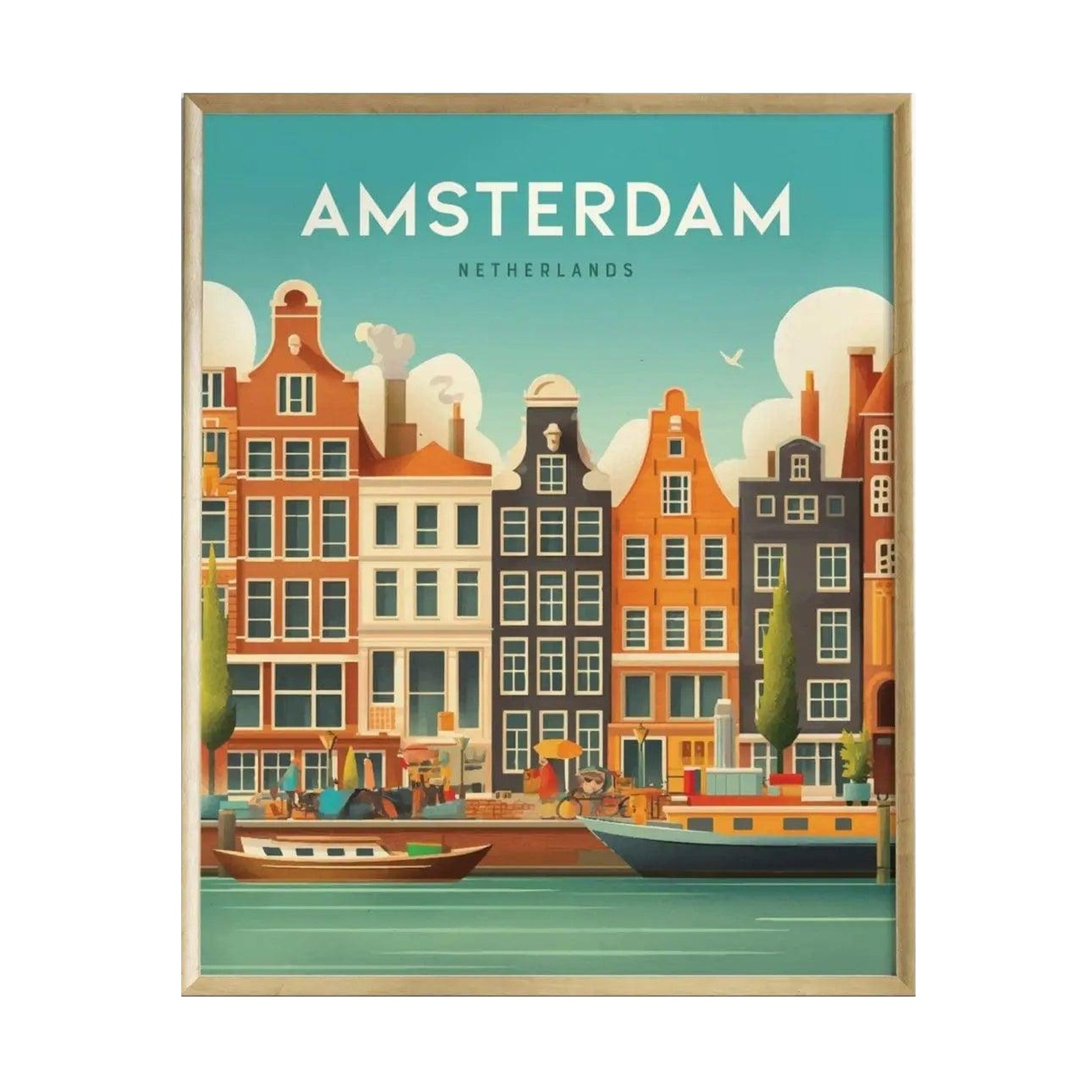 A vibrant illustration of Amsterdams iconic canals features colorful, historic buildings with unique gabled roofs along the water.