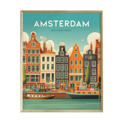 A vibrant illustration of Amsterdams iconic canals features colorful, historic buildings with unique gabled roofs along the water.