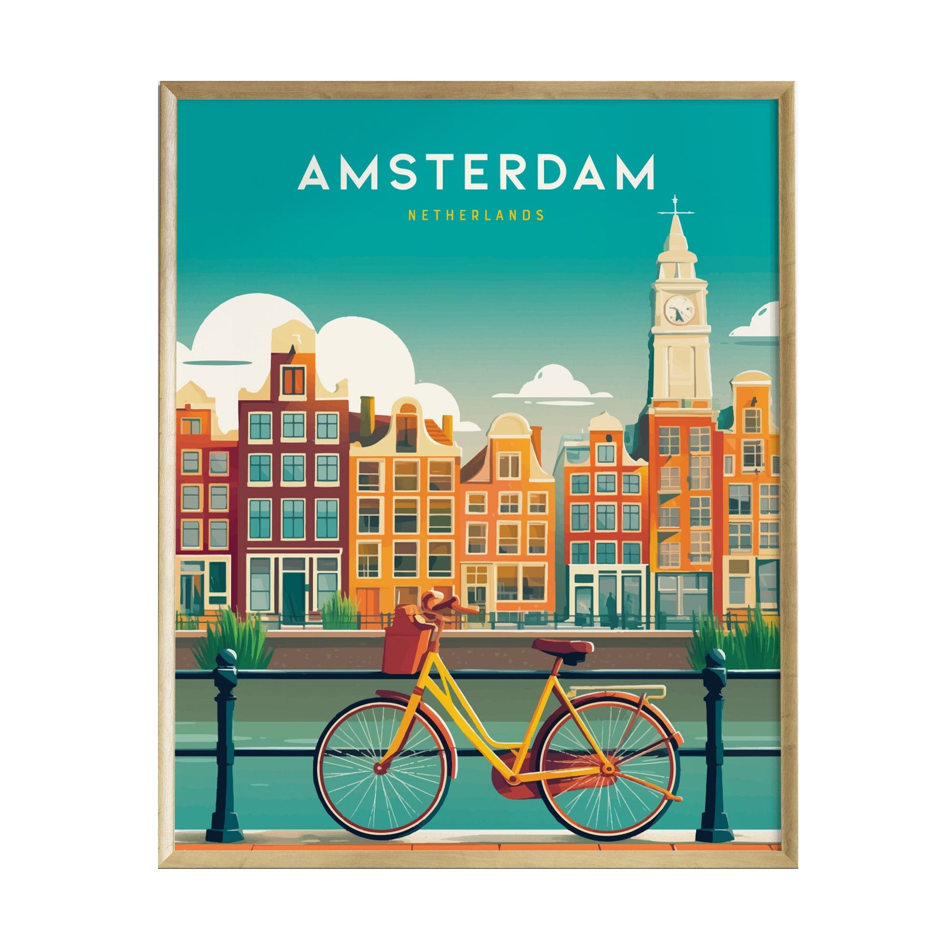 A vibrant illustration of Amsterdam features colorful canal houses lining the waterfront, with a yellow bicycle parked in the foreground. The design captures the charm of the city, showcasing its iconic architecture and scenic canals.