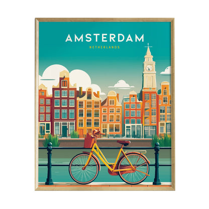 A vibrant illustration of Amsterdam features colorful canal houses lining the waterfront, with a yellow bicycle parked in the foreground. The design captures the charm of the city, showcasing its iconic architecture and scenic canals.