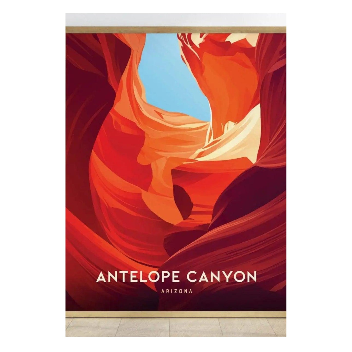A vibrant digital illustration of Antelope Canyon showcases its iconic flowing sandstone walls in warm shades of red and orange, punctuated by a bright blue sky peeking through the canyons opening.