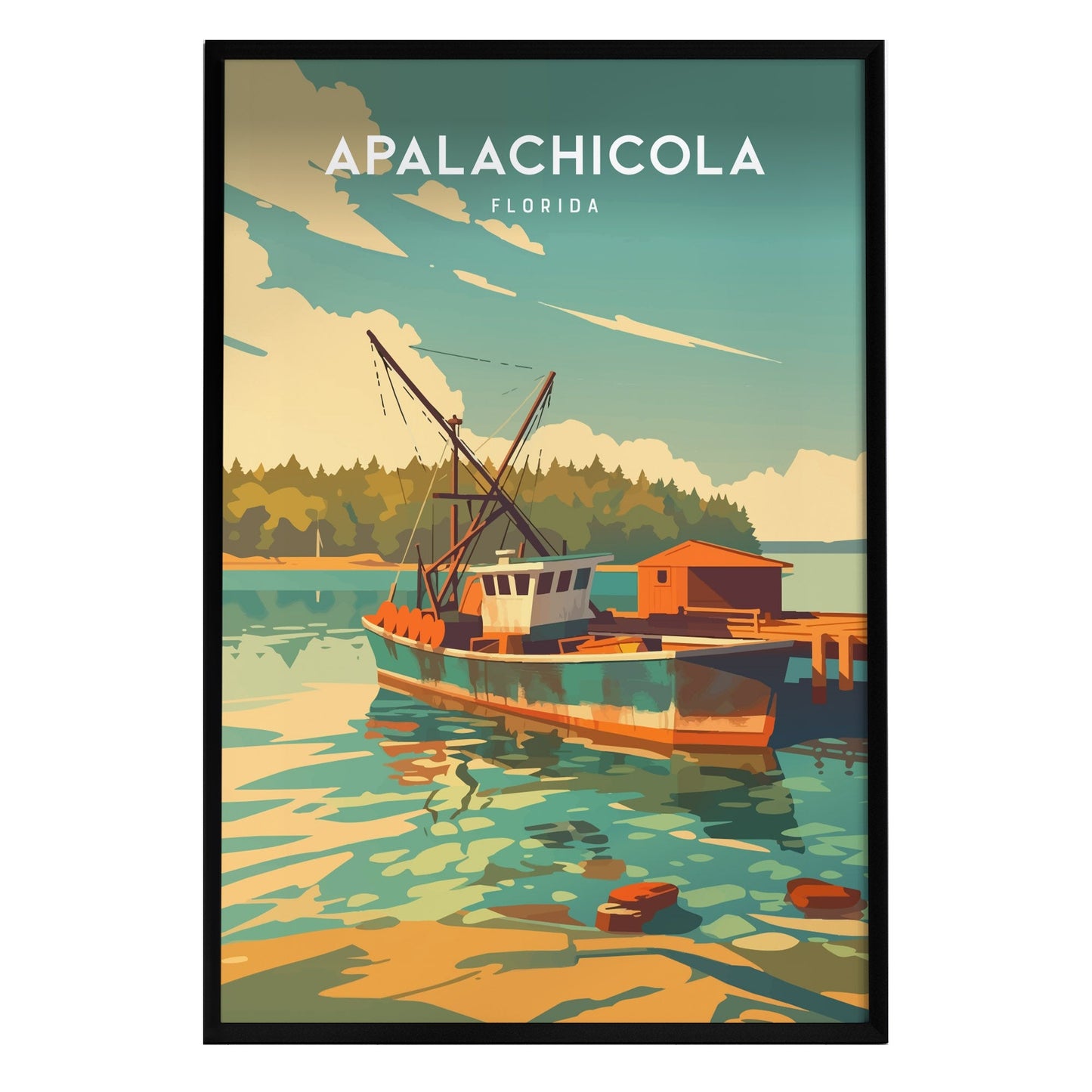 A vibrant poster featuring a fishing boat docked in calm waters, surrounded by lush green trees and a bright sky in Apalachicola, Florida.