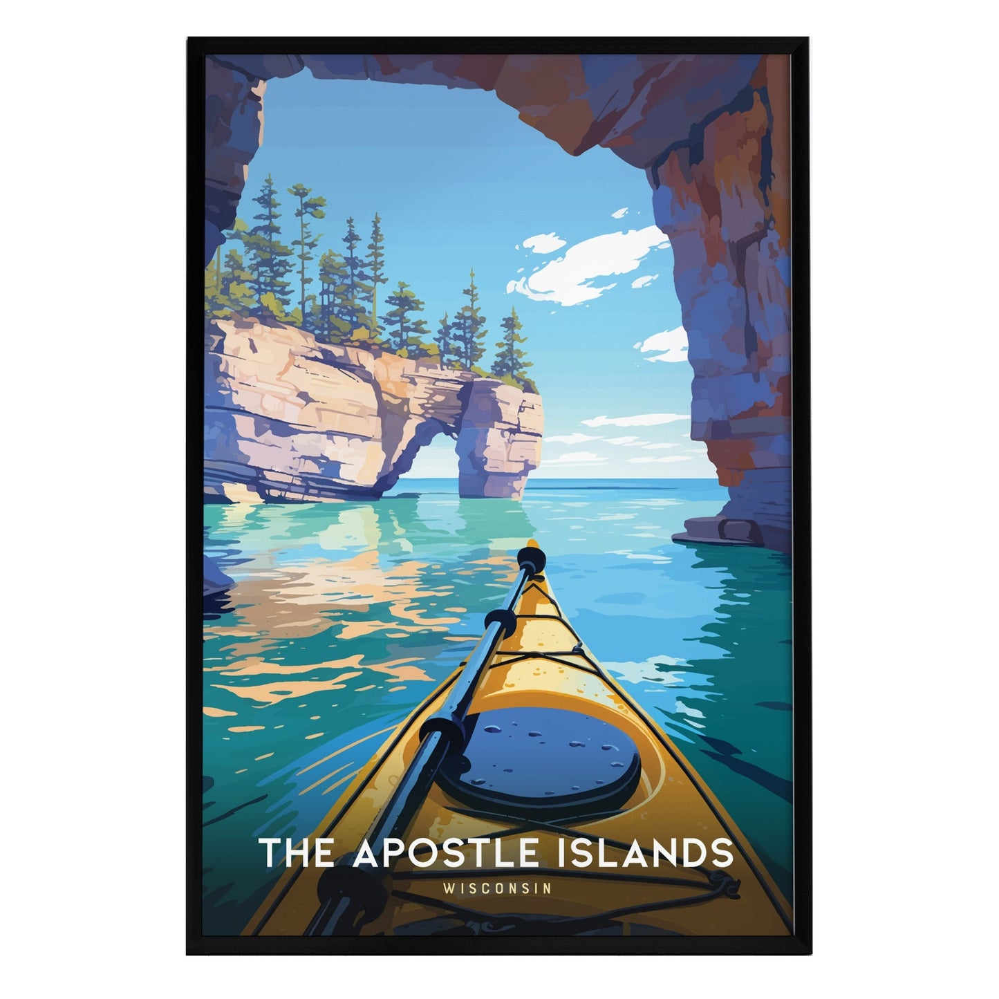 A vibrant illustration of a kayak navigating through the clear blue waters of the Apostle Islands, framed by towering cliffs and lush greenery. The scene captures a serene and adventurous atmosphere, inviting exploration and tranquility.