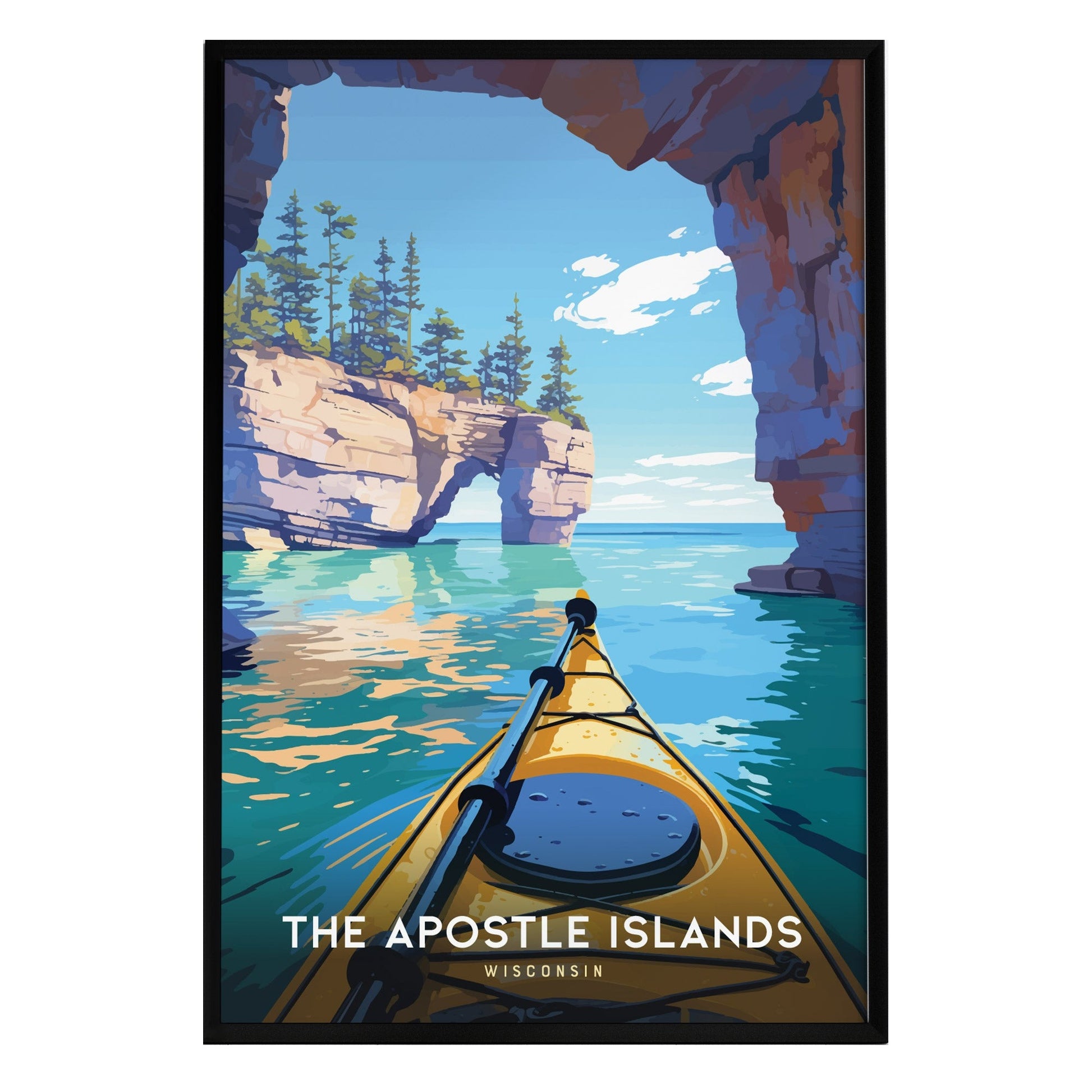 A vibrant illustration of a kayak navigating through the clear blue waters of the Apostle Islands, framed by towering cliffs and lush greenery. The scene captures a serene and adventurous atmosphere, inviting exploration and tranquility.