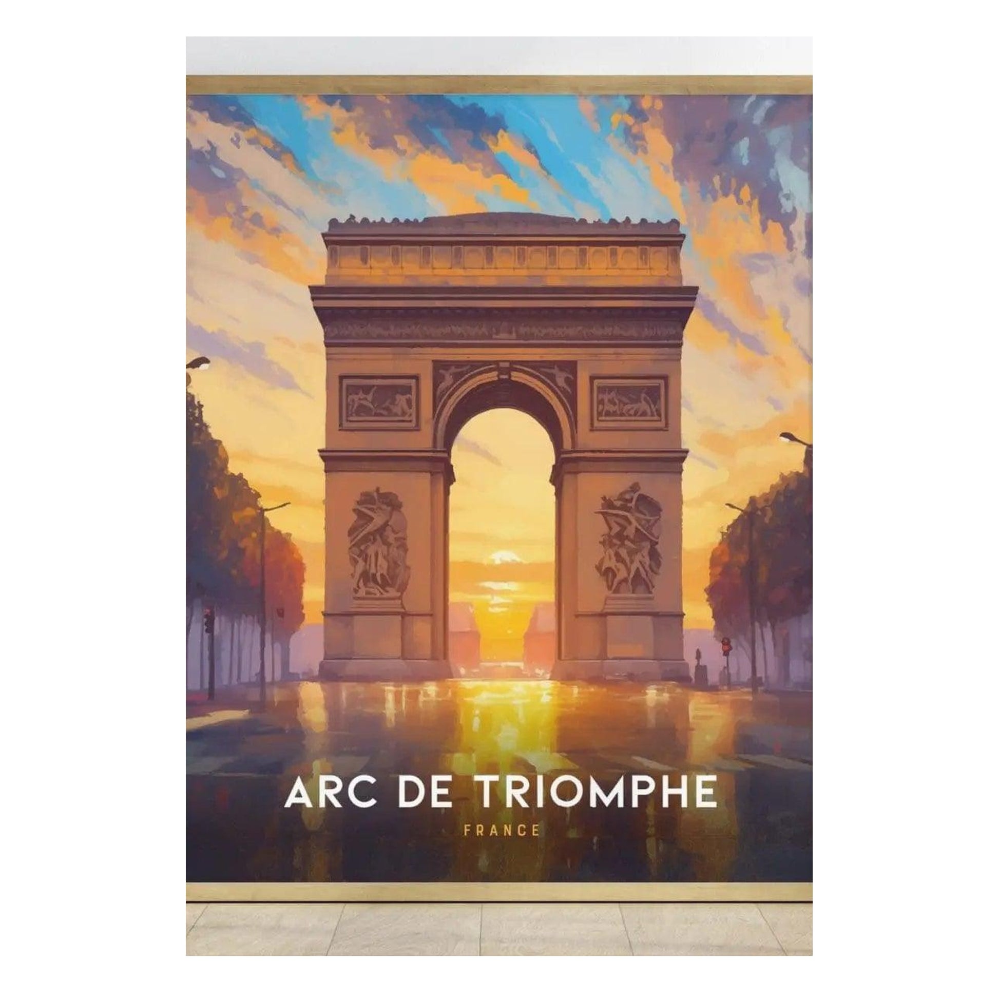 A vibrant illustration of the Arc de Triomphe, set against a dramatic sunset sky with hues of orange and blue. The artwork features the iconic monument, beautifully illuminated, and includes the text Arc de Triomphe, France at the bottom.
