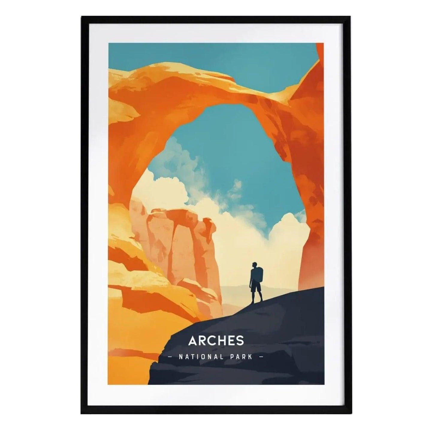 A minimalist poster of Arches National Park features the iconic Delicate Arch surrounded by vivid orange and blue hues. A lone figure stands beneath the arch, highlighting the grandeur of Utahs natural landscape.