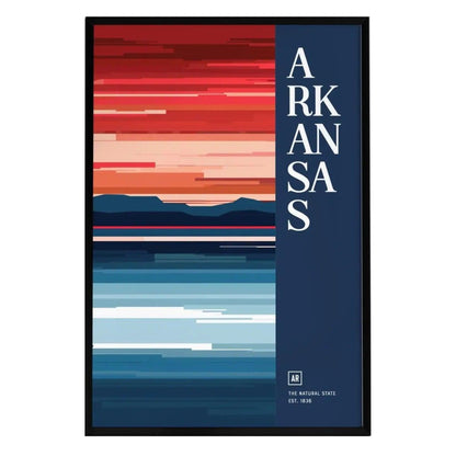 A minimalist poster featuring the word ARKANSAS in bold white letters against a dark blue background. The artwork showcases horizontal stripes in vibrant colors, representing an abstract landscape of Arkansass natural beauty.
