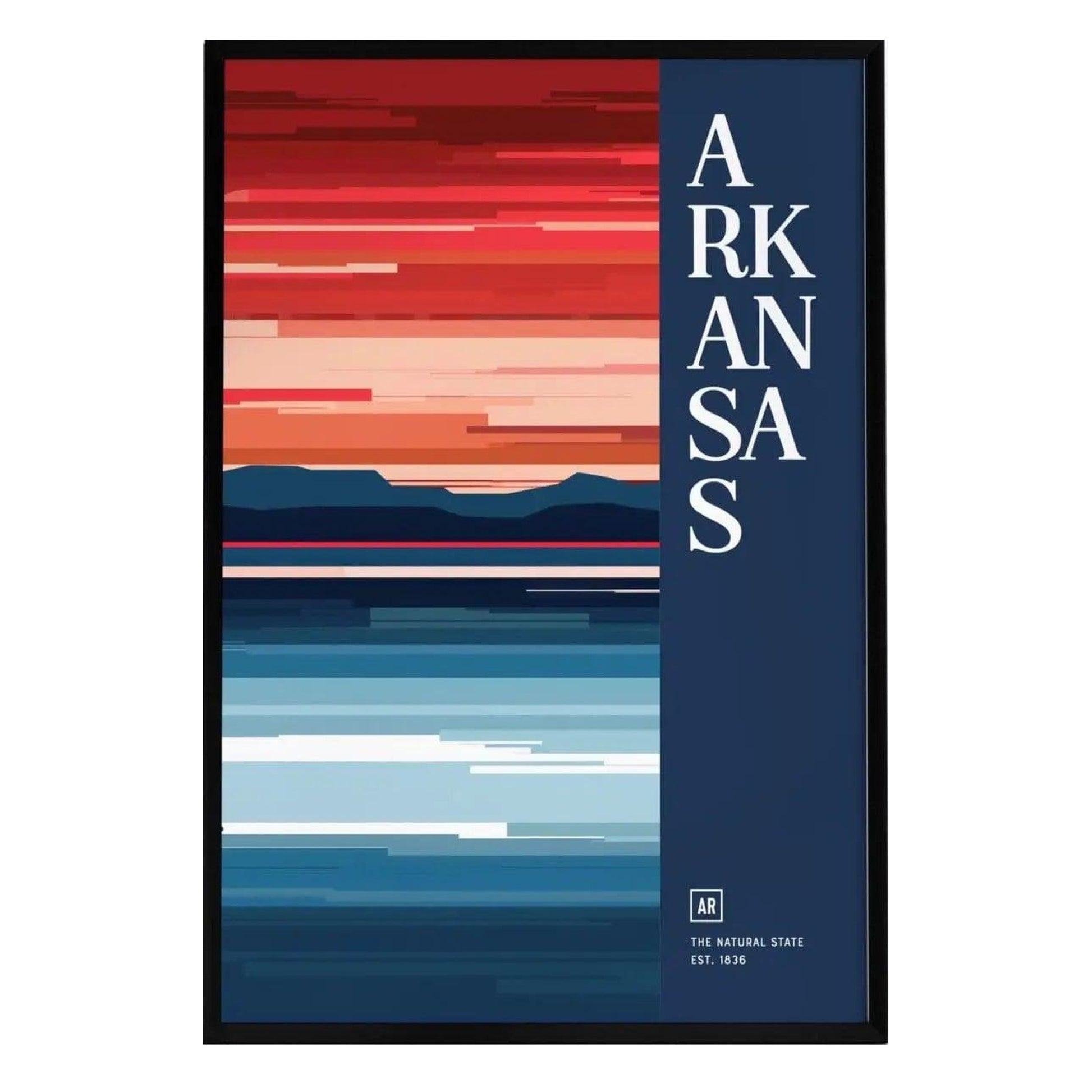 A minimalist poster featuring the word ARKANSAS in bold white letters against a deep blue background. The artwork showcases abstract horizontal stripes in various hues of red, orange, and blue, representing the natural landscape.