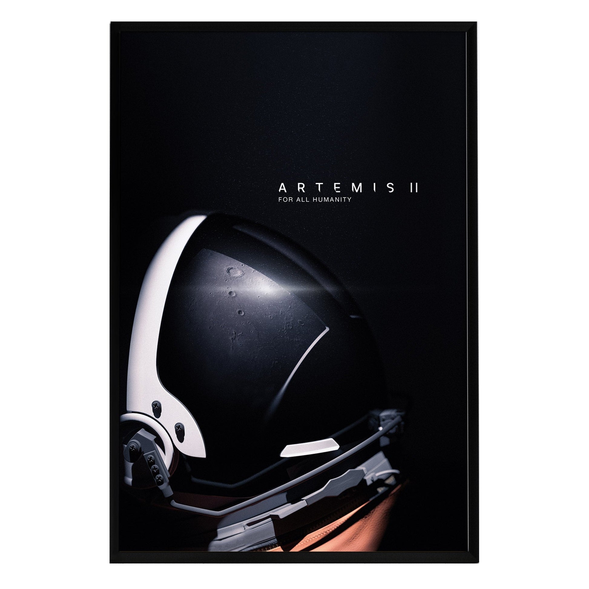 A sleek black poster featuring a close-up of a futuristic space helmet, highlighting its glossy surface and intricate details.