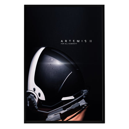 A sleek black poster featuring a close-up of a futuristic space helmet, highlighting its glossy surface and intricate details.