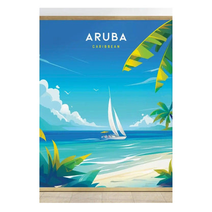A vibrant poster depicting a serene beach scene in Aruba, featuring a sailboat gliding over turquoise waters.