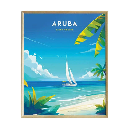 A vibrant poster featuring a serene beach scene in Aruba, showcasing a sailboat gliding through turquoise waters under a clear blue sky. Lush green palm trees frame the foreground, emphasizing the tropical paradise theme.