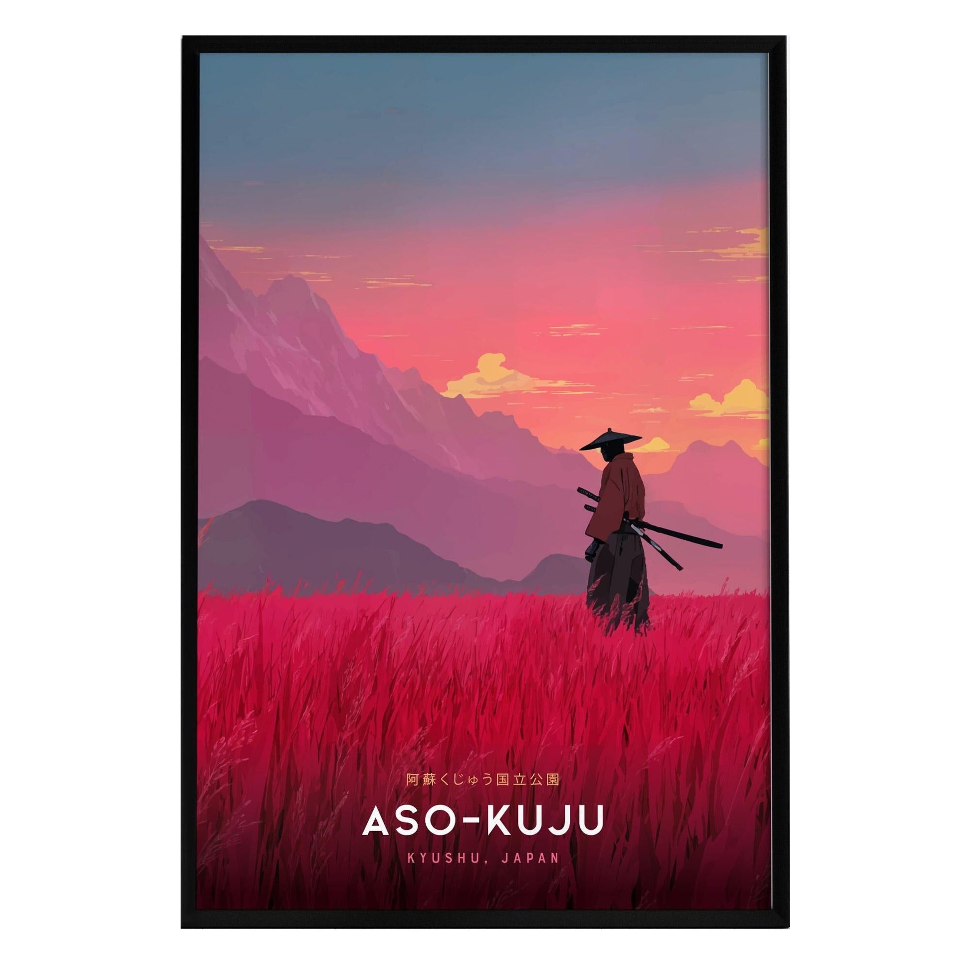 A landscape art print featuring a lone samurai in traditional attire, standing amidst vibrant crimson fields.