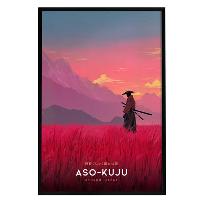 A landscape art print featuring a lone samurai in traditional attire, standing amidst vibrant crimson fields.