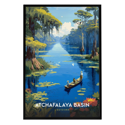 A vibrant poster depicting the Atchafalaya Basin in Louisiana, featuring cypress trees and calm waterways. A small boat with two figures gently glides through lush greenery, while birds fly above, capturing the serene beauty of the bayou.