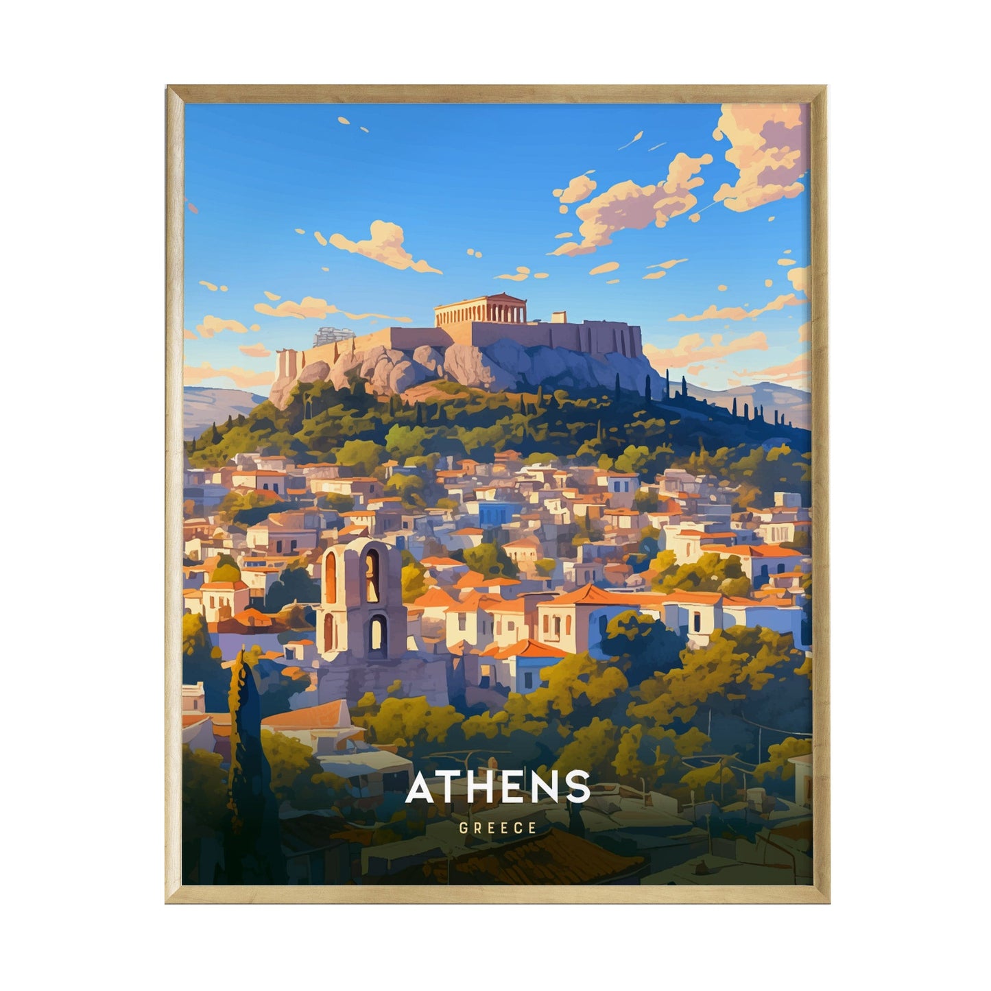 A vibrant travel poster depicting the Acropolis and Parthenon in Athens, Greece, with a picturesque skyline of rooftops and trees in the foreground. The scene is illuminated by warm, golden light under a blue sky with soft clouds.