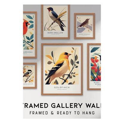 A stylish gallery wall display featuring framed bird prints, including a goldfinch, cardinal, barn swallow, and ruby-throated hummingbird, arranged in various sizes.