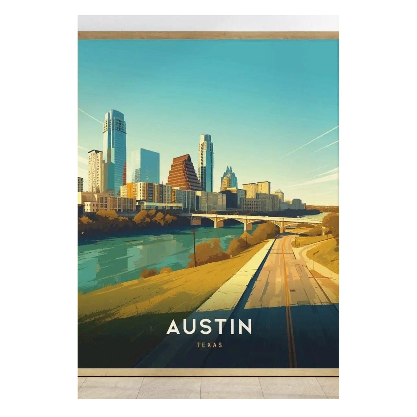 A vibrant illustration of the Austin, Texas skyline features modern skyscrapers and distinctive architecture reflected in Lady Bird Lake. The foreground showcases a serene road leading towards the city, with bright blue skies overhead.