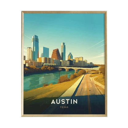 A vibrant illustration of the Austin, Texas skyline features modern skyscrapers and unique architectural elements against a blue sky. The foreground shows a river and a road, enhancing the picturesque view of this dynamic city.