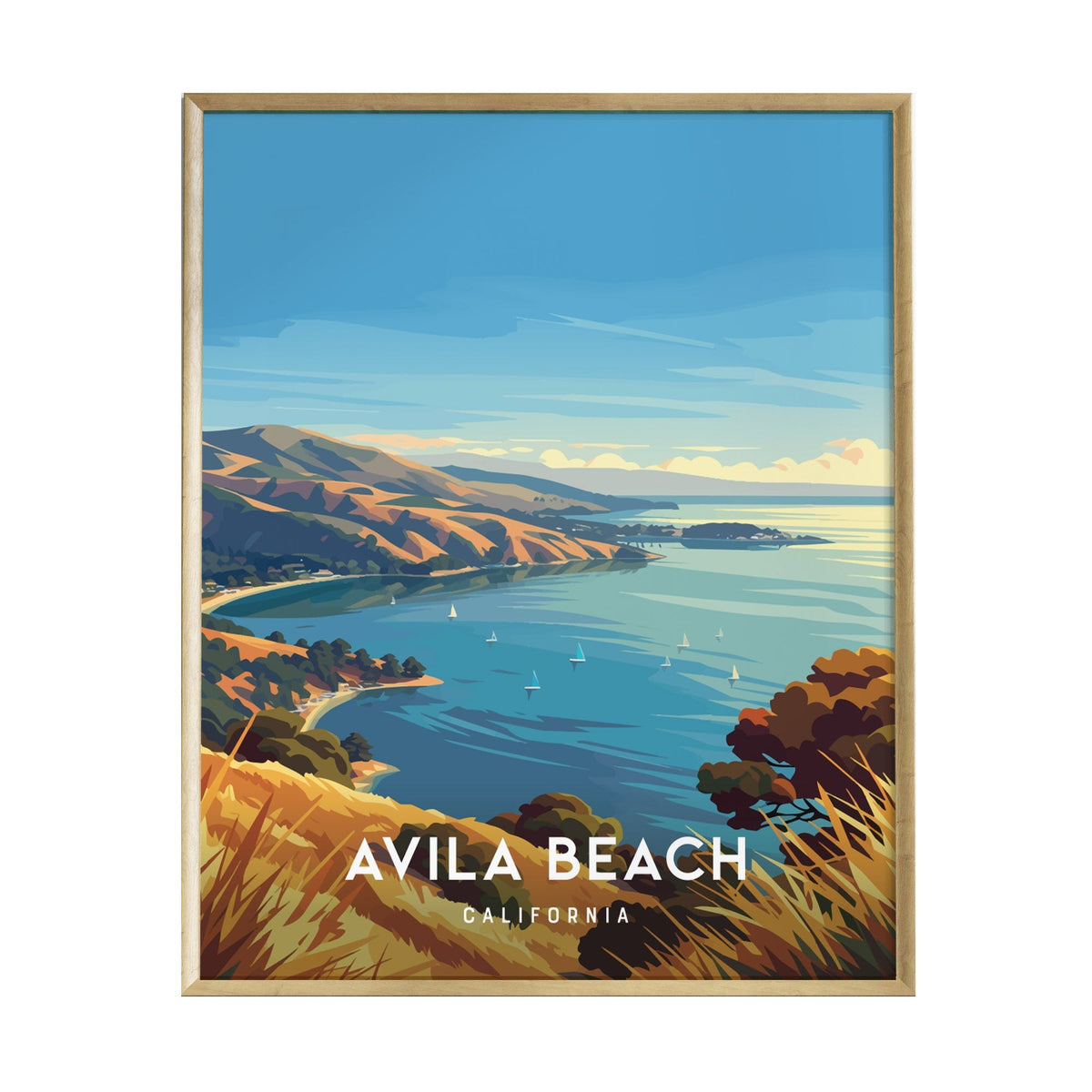A vibrant illustration of Avila Beach, California, featuring rolling hills and gentle waves under a bright blue sky. The scene captures the coastal beauty with sailboats dotting the water and golden grasses in the foreground.