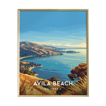 A vibrant illustration of Avila Beach, California, featuring rolling hills and gentle waves under a bright blue sky. The scene captures the coastal beauty with sailboats dotting the water and golden grasses in the foreground.