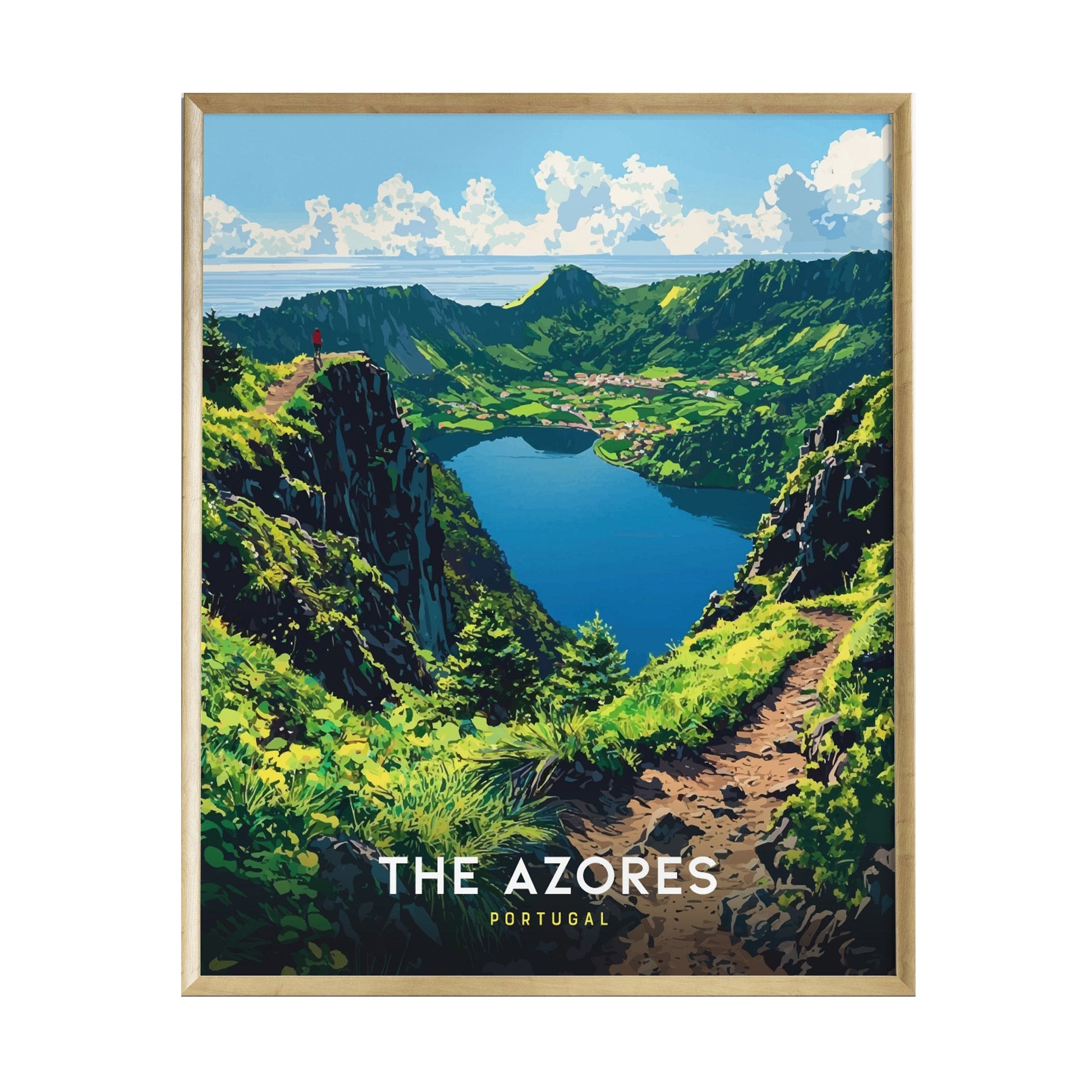 A vibrant travel poster depicting the stunning Sete Cidades crater lake on São Miguel Island in the Azores.