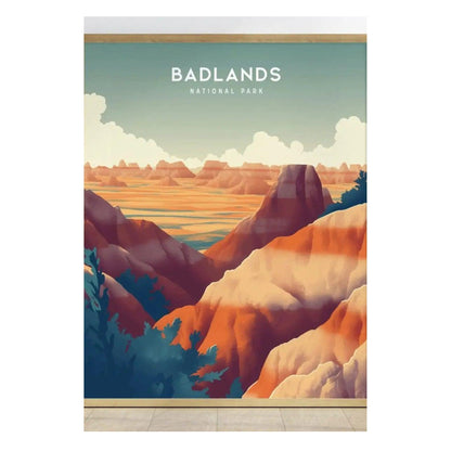 A colorful illustration of Badlands National Park, featuring prominently eroded buttes and layered rock formations in shades of red, orange, and blue.