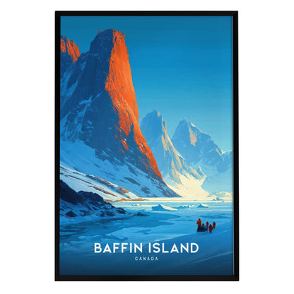 A vibrant illustration of Baffin Island, featuring towering red-hued mountains against a blue sky. In the foreground, a group of three figures traverses a snowy landscape, highlighting the beauty of the Arctic wilderness.