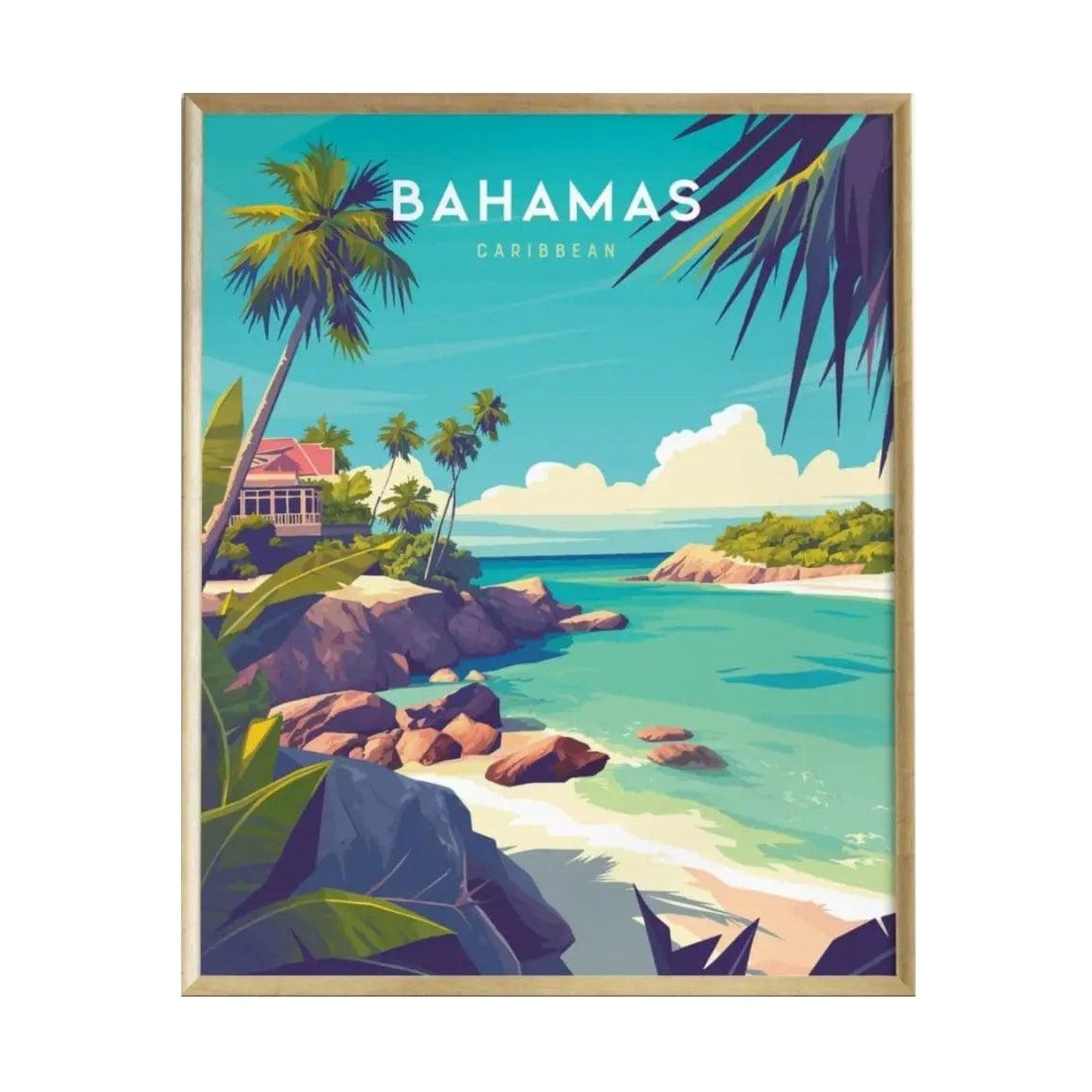 A vibrant travel print showcasing a scenic Bahamian landscape with lush palm trees, rocky shores, and turquoise waters. The artwork features the word BAHAMAS prominently at the top, reflecting the beauty of the Caribbean.