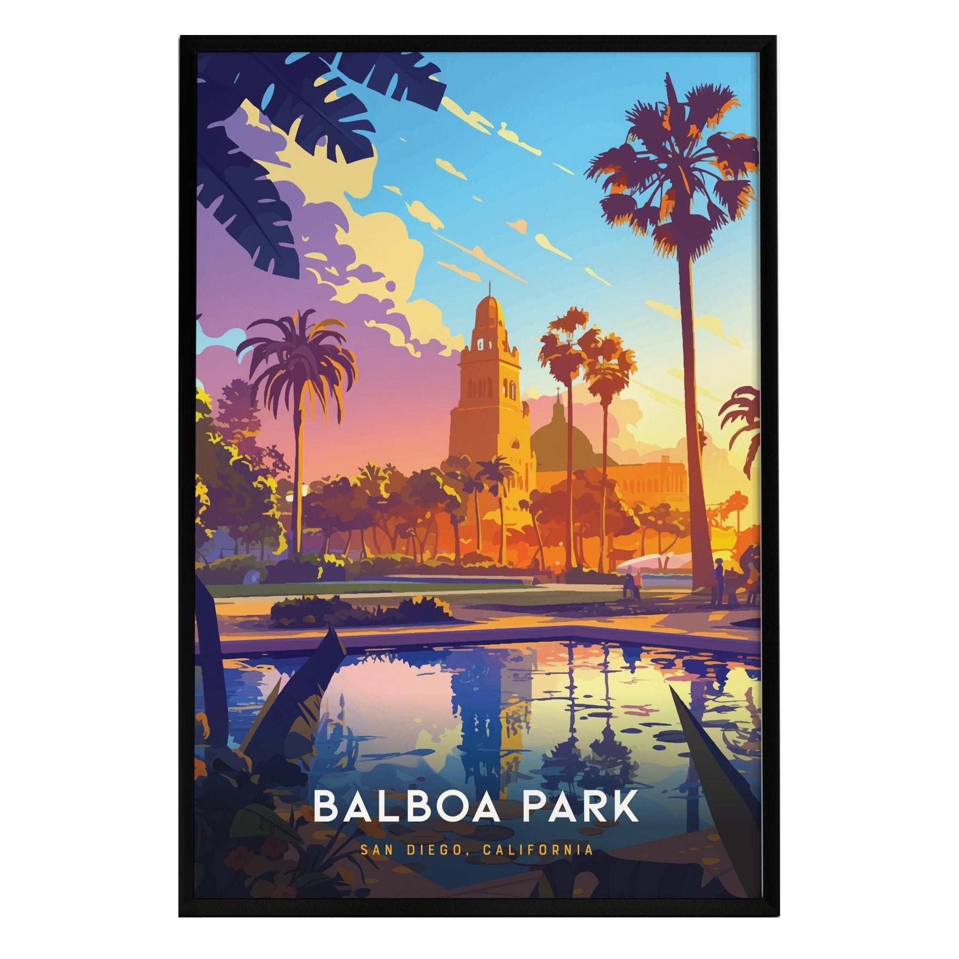 A vibrant art print of Balboa Park in San Diego, California, featuring lush palm trees and a serene pond reflecting the colorful sunset.