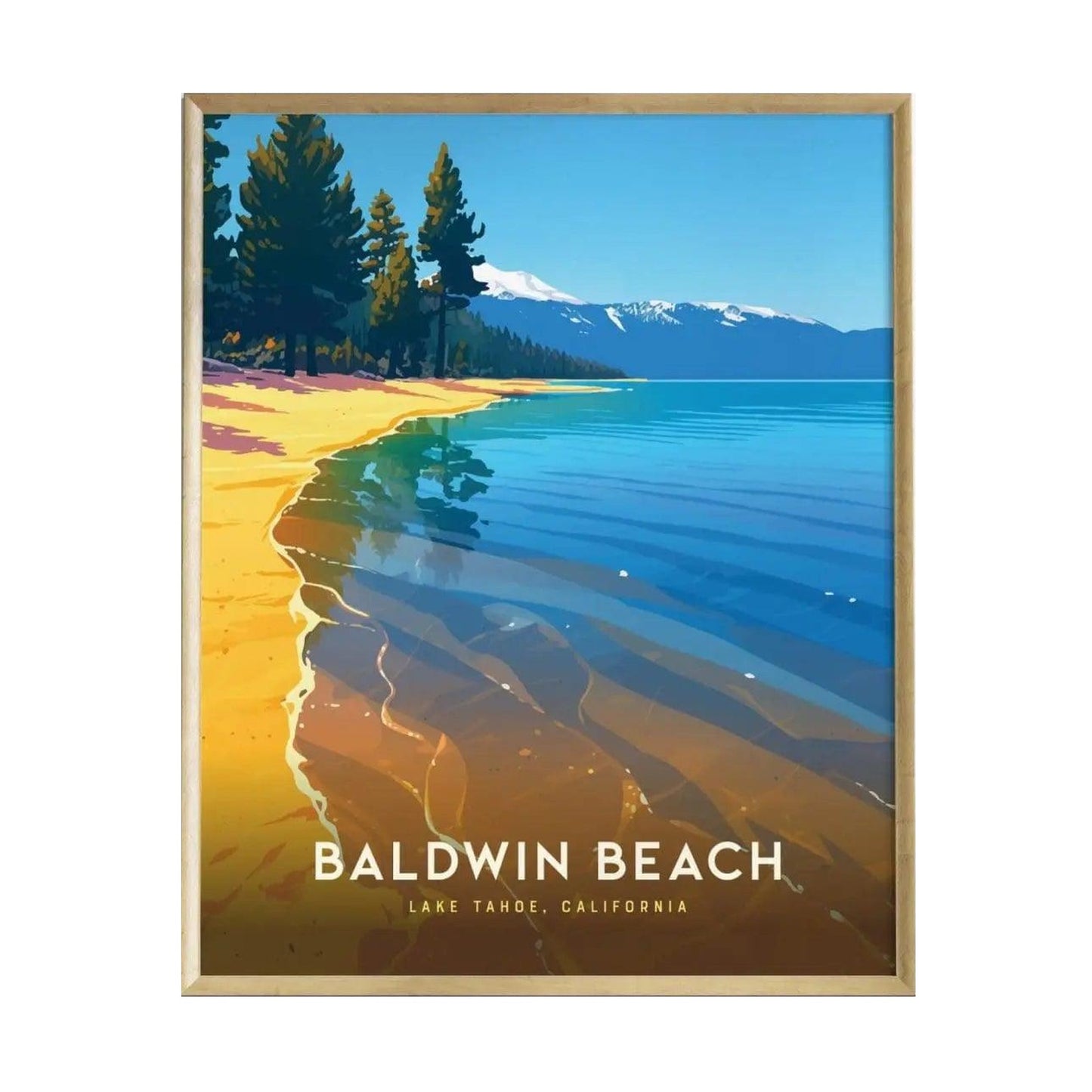 A vibrant poster of Baldwin Beach, showcasing golden sands and tranquil waters with gentle waves lapping at the shore.