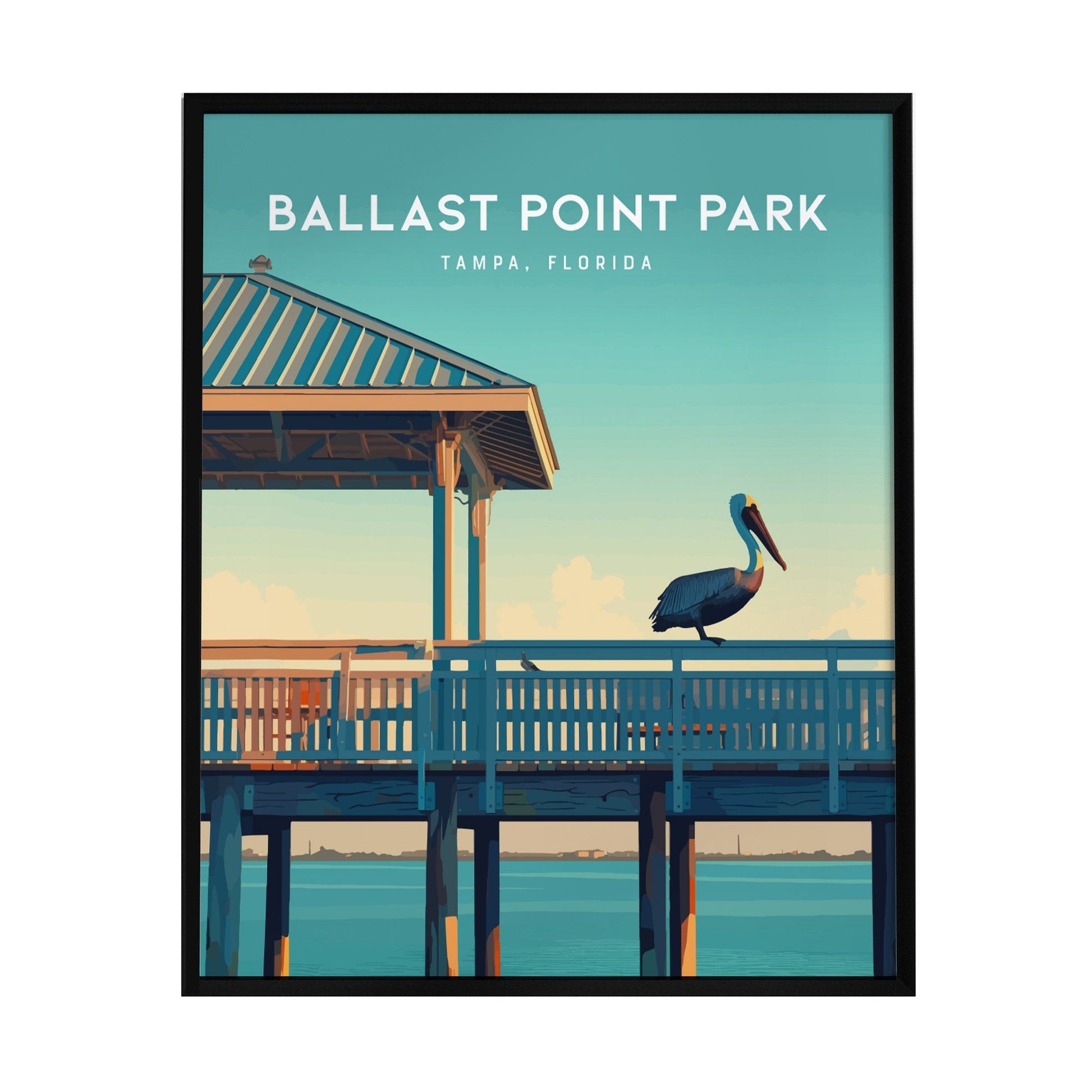 A vibrant art print of Ballast Point Park in Tampa, Florida, showcasing a graceful pelican standing on a fishing pier. The scene features a clear blue sky and calm waters, encapsulating the serene coastal beauty of the area.