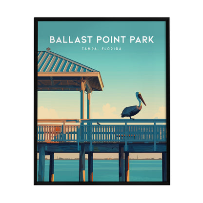 A vibrant art print of Ballast Point Park in Tampa, Florida, showcasing a graceful pelican standing on a fishing pier. The scene features a clear blue sky and calm waters, encapsulating the serene coastal beauty of the area.