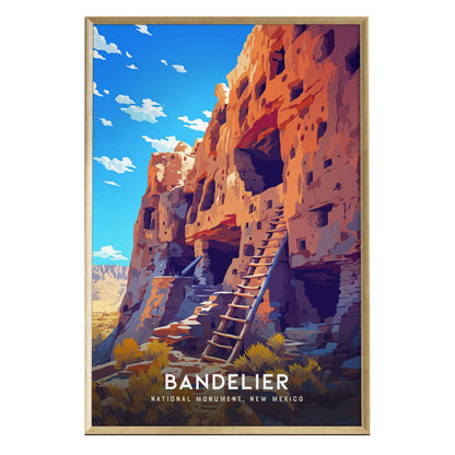 A vibrant illustration of Bandelier National Monument features rugged red cliffs and ancient Pueblo dwellings.