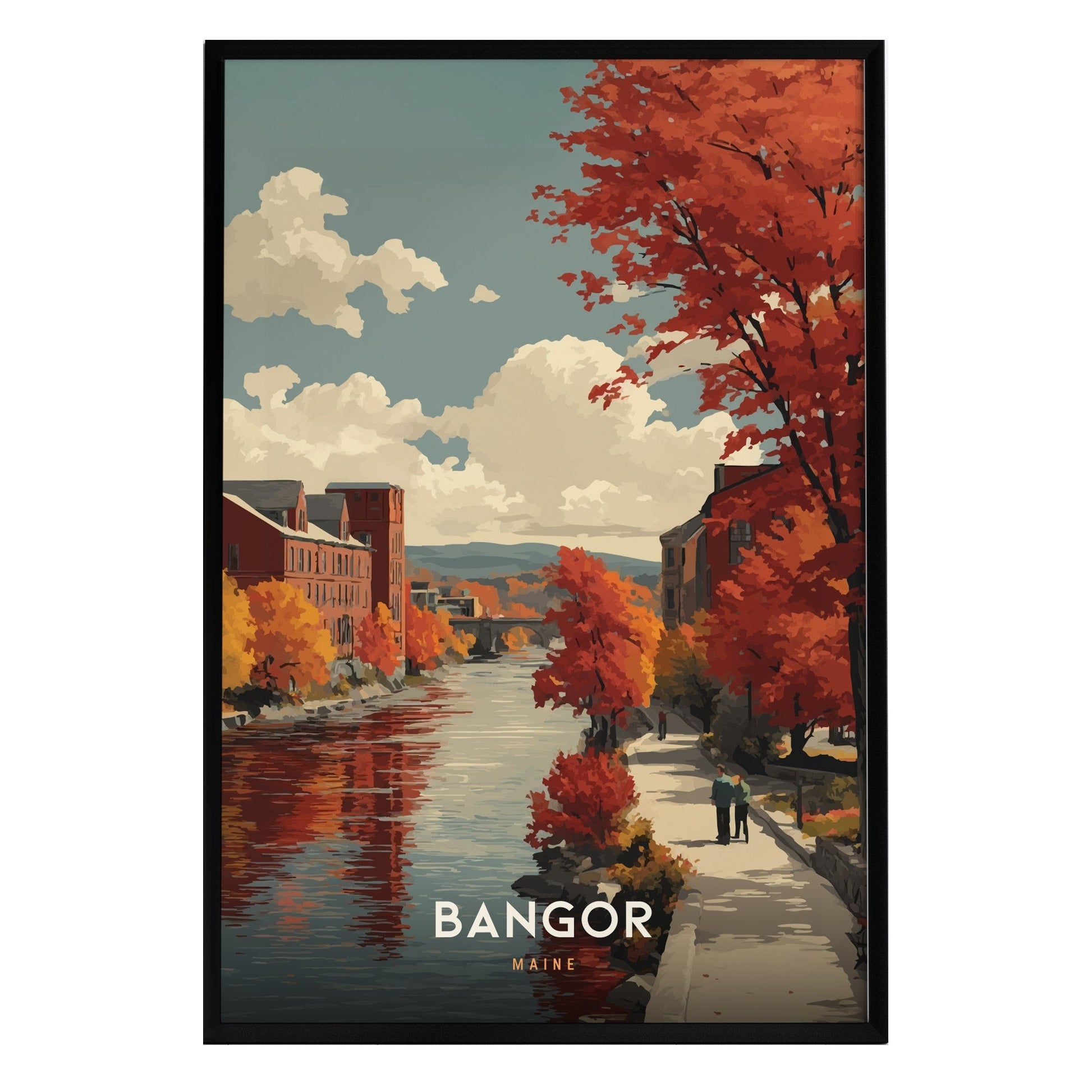 A colorful art print depicting a serene riverside scene in Bangor, Maine, showcasing vibrant autumn foliage in shades of red and orange.