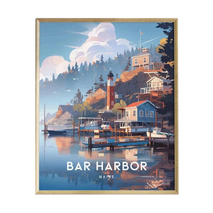 A vibrant illustration of Bar Harbor, Maine, featuring colorful buildings along the waterfront, a lighthouse, and boats docked in a serene harbor.