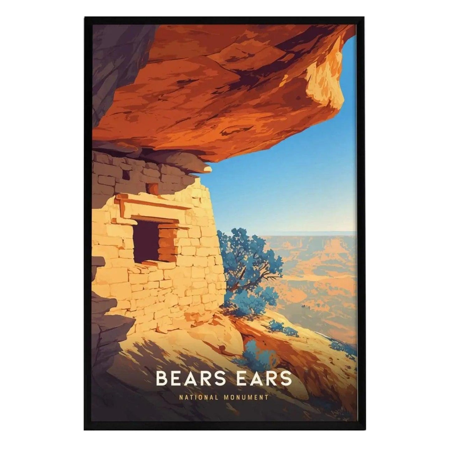 A vibrant poster of Bears Ears National Monument features a sandstone cliff with a small stone structure nestled beneath a dramatic overhang. The warm colors and clear blue sky highlight the stunning desert landscape in the background.