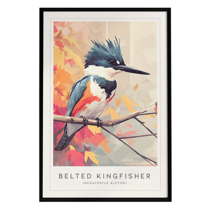 A modern geometric art print of a Belted Kingfisher perched on a branch, showcasing vibrant blues, whites, and oranges. The background features warm autumn hues with abstract leaf shapes, creating a lively and colorful atmosphere.