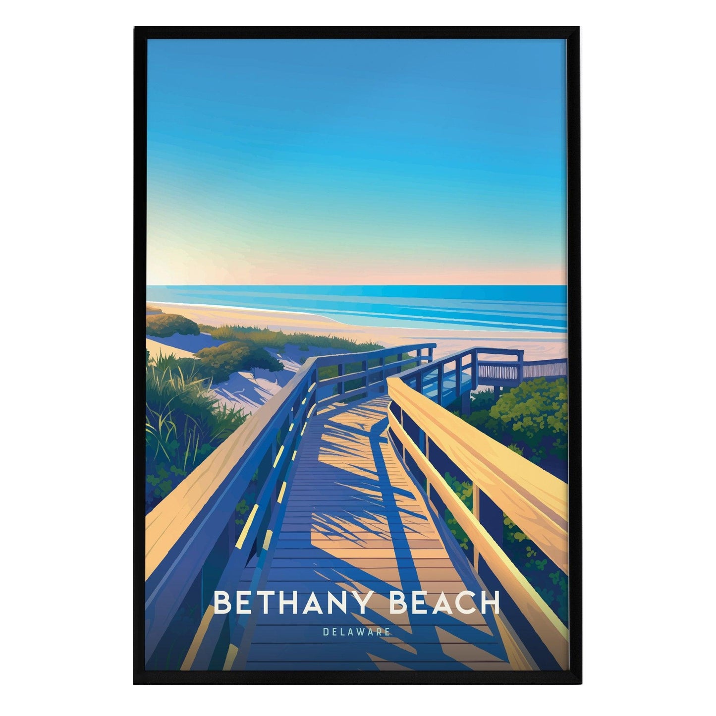 A vibrant illustration of Bethany Beach, Delaware, featuring a wooden boardwalk winding towards the sandy beach and ocean. The scene is bathed in warm golden tones under a clear blue sky, capturing the serene coastal atmosphere.