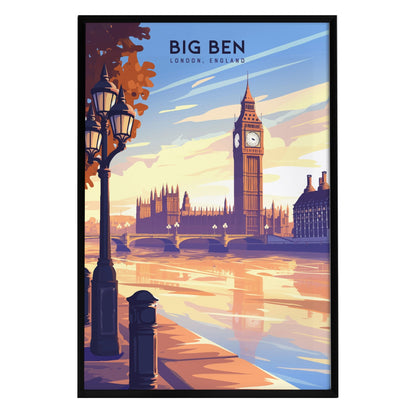 A vibrant illustration of Big Ben and the Houses of Parliament, set against a colorful sunset sky. The scene features lampposts along the River Thames, reflecting the warm evening light on the waters surface.