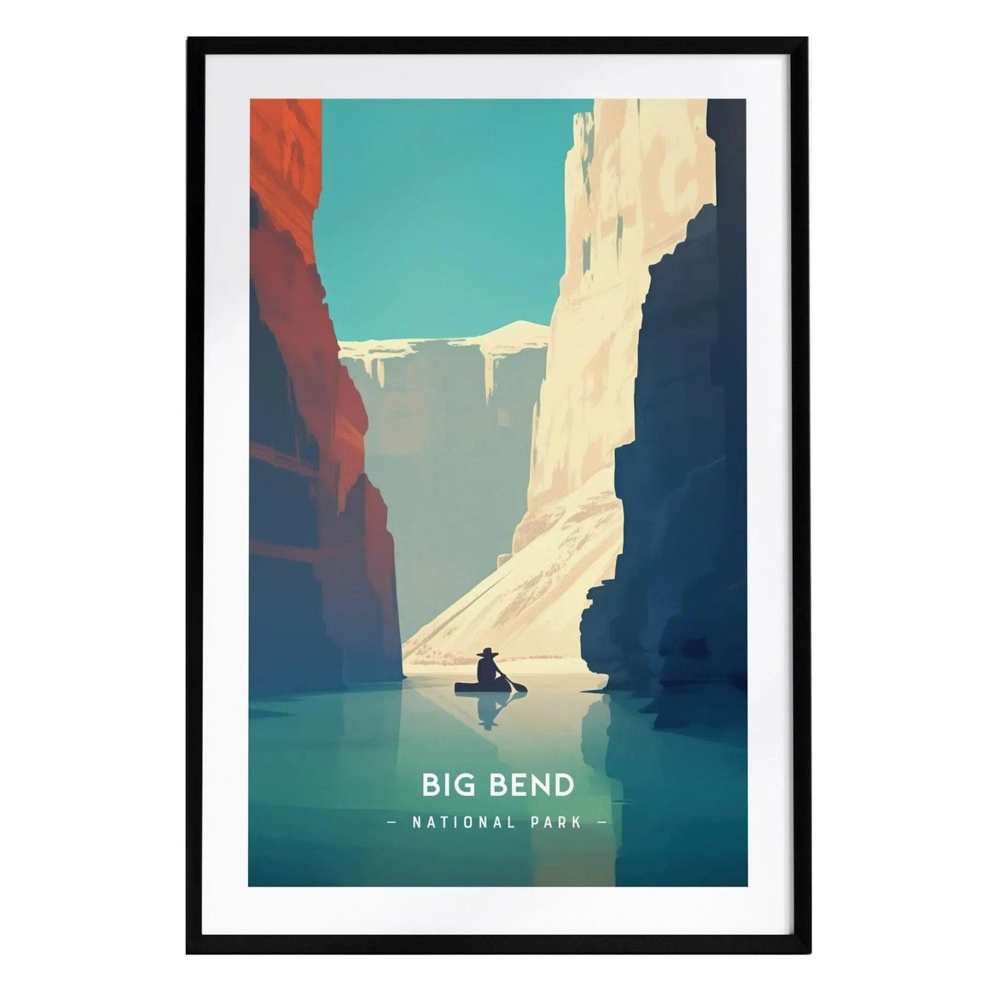 A minimalist poster of Big Bend National Park featuring a serene scene with a person kayaking through a narrow canyon.