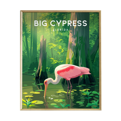 A vibrant poster depicting a pink roseate spoonbill wading in the reflective waters of a cypress swamp, surrounded by lush greenery and tall cypress trees.