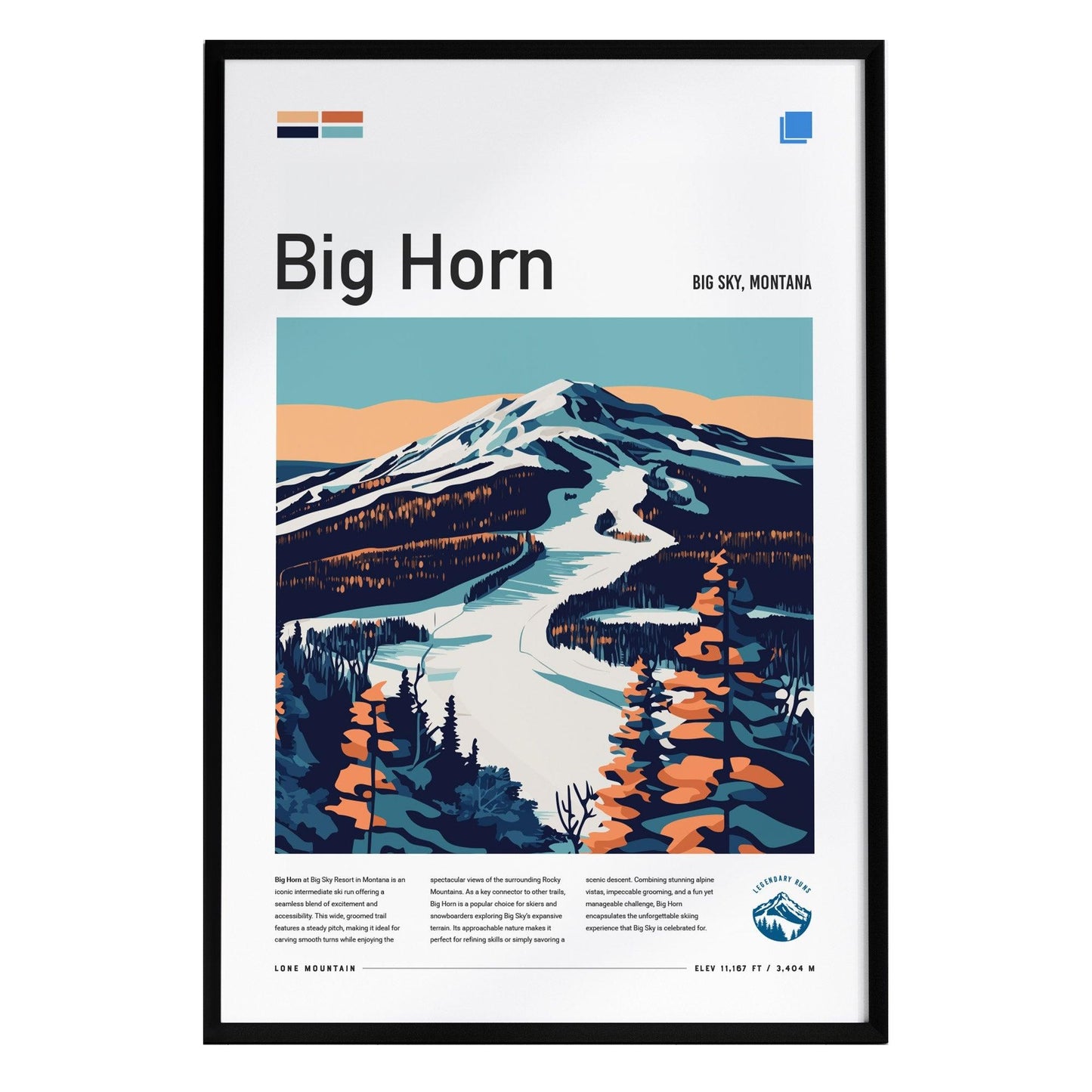 A framed art print features a stylized illustration of the Big Horn ski run in Big Sky, Montana. The design showcases snow-covered mountains, trees, and a winding ski path under a colorful sunset sky.