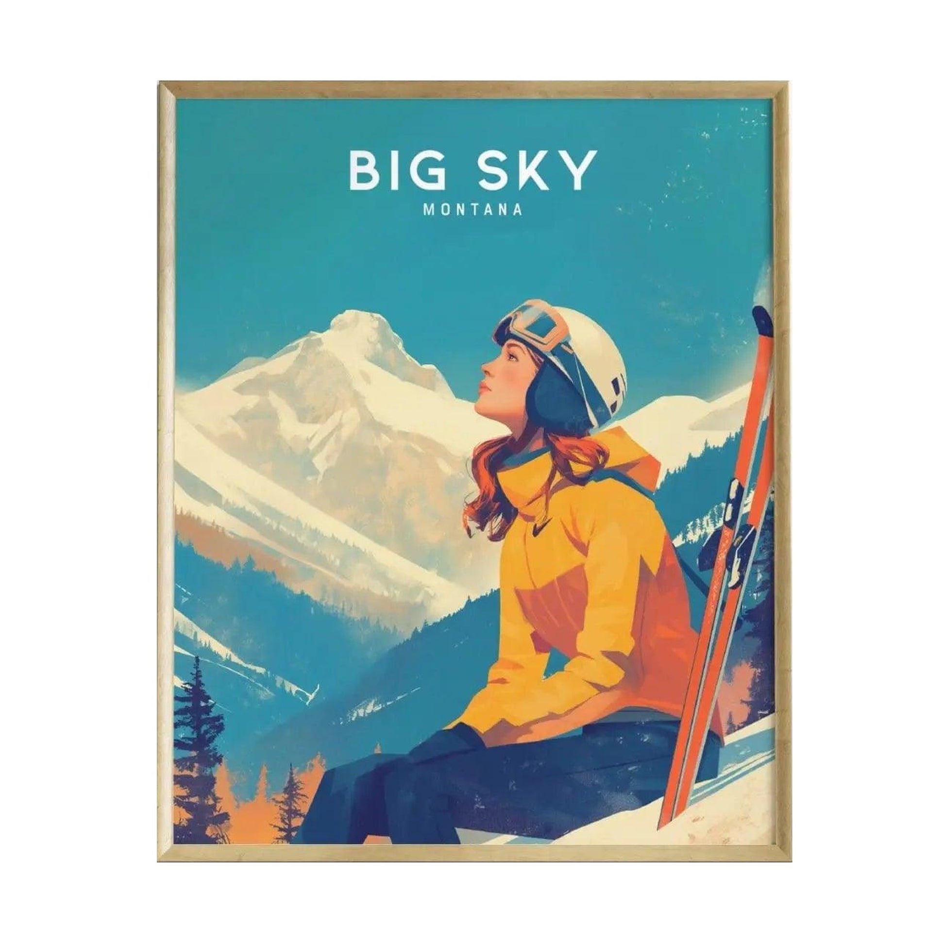 A vibrant ski poster featuring a woman in a yellow jacket and ski goggles, seated on a snowy slope. She gazes thoughtfully upward, with ski poles leaning against her and a stunning mountain backdrop in Big Sky, Montana.